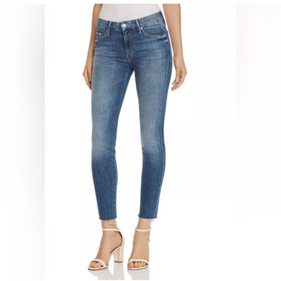 MOTHER Looker Ankle Fray One Small Cookie Blue Stretch 33 Denim Skinny Jeans - Picture 1 of 11